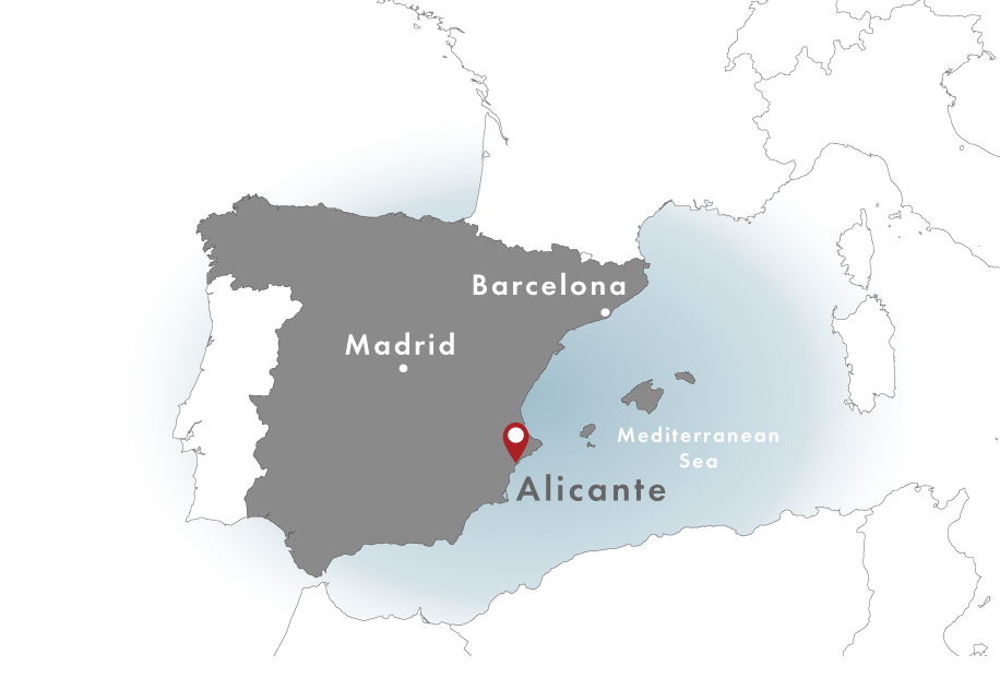 アリカンテの位置を示したスペインの地図
